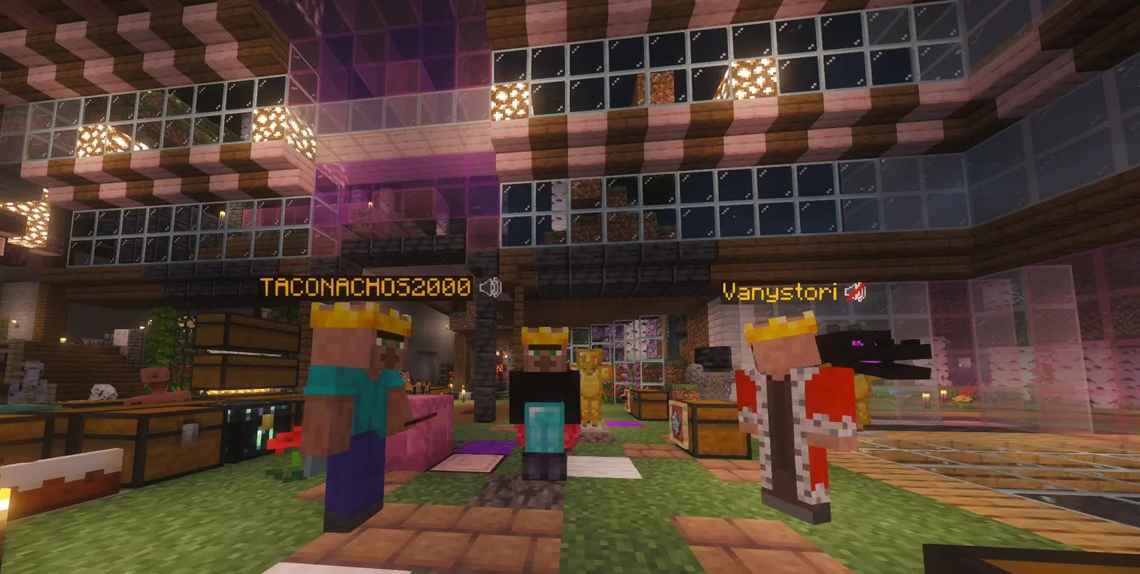 Players inside a colorful community build