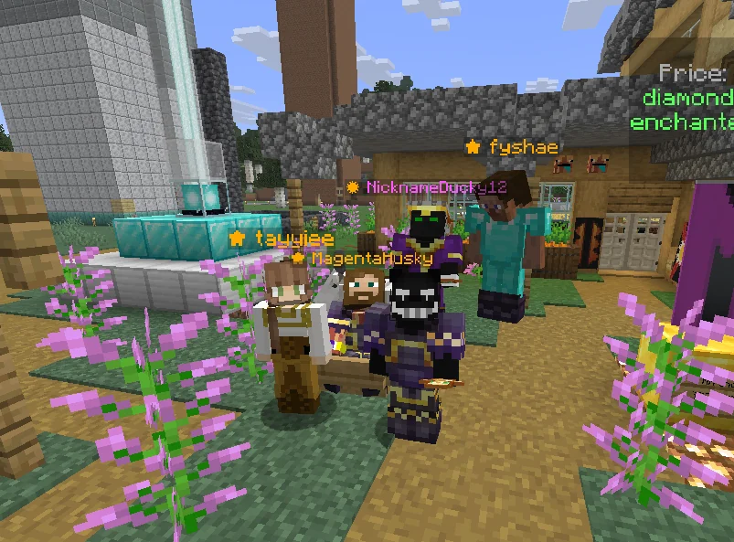 Friends meeting beside flowers and a beacon at the market