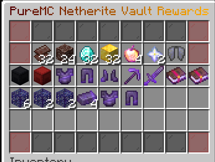 PureMC Netherite Vault in-game reward inventory showing all 22 prizes