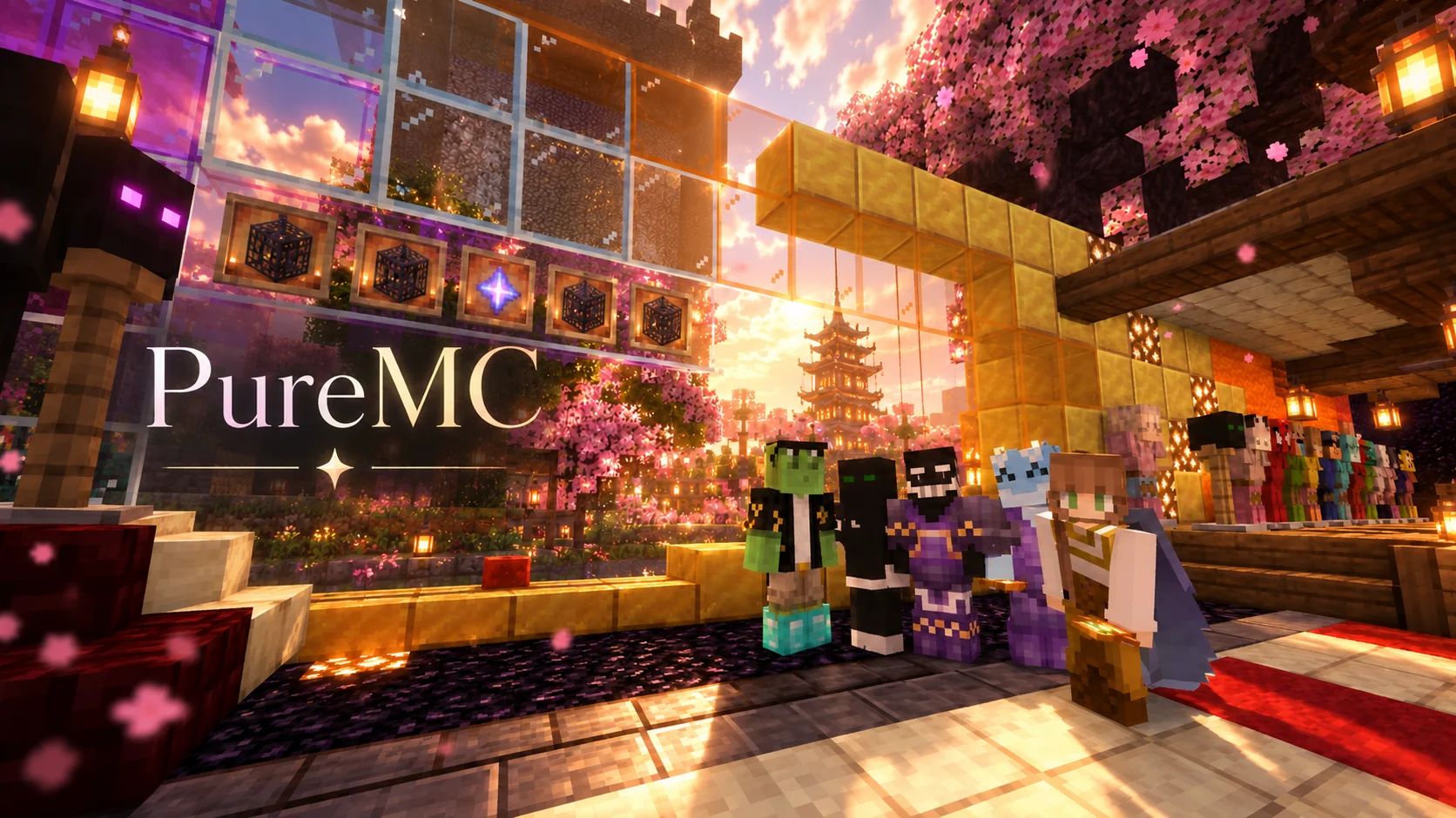 PureMC friends beneath cherry blossoms at sunset