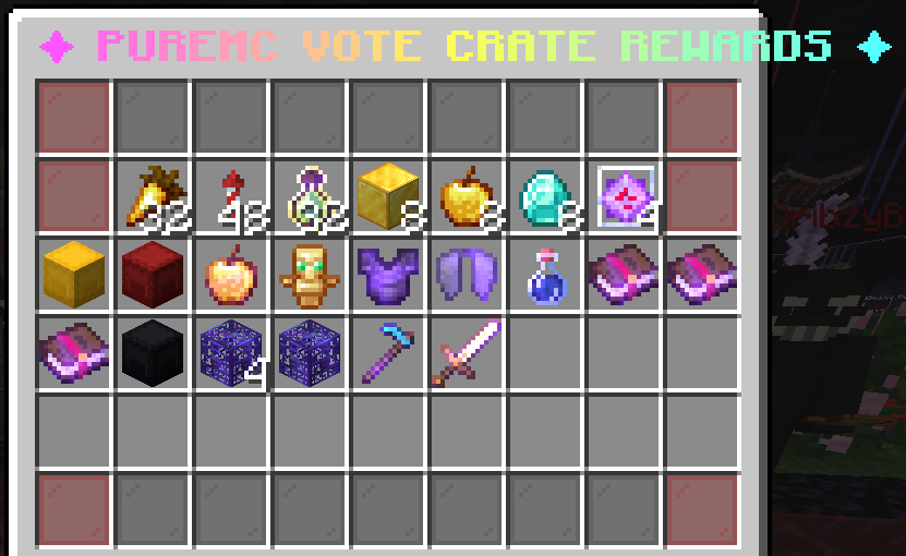 PureMC Vote Crate in-game reward inventory showing all 22 prizes